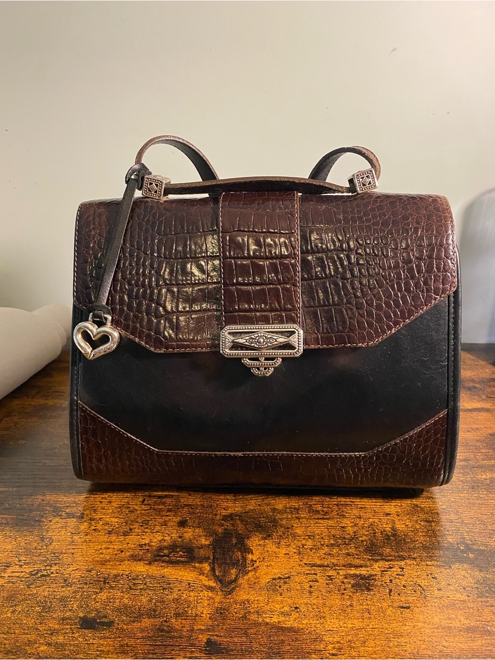 Brighton Vintage Structured Brown and Black Croc-Embossed Top-Handle Bag